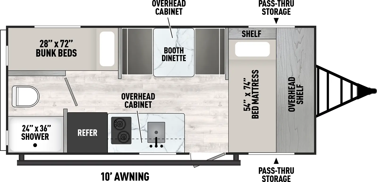 The Clipper Travel Trailers 17CBH has one entry and zero slide outs. Exterior features include: metal exterior and 10' awning. Interiors features include: bunk beds and front bedroom.